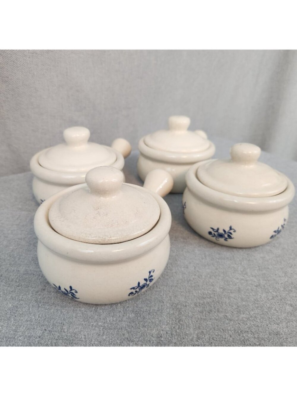Vintage Glazed Stoneware Lot 4 Handle Crocks Beige Blue Floral French Onion USED - Picture 3 of 9